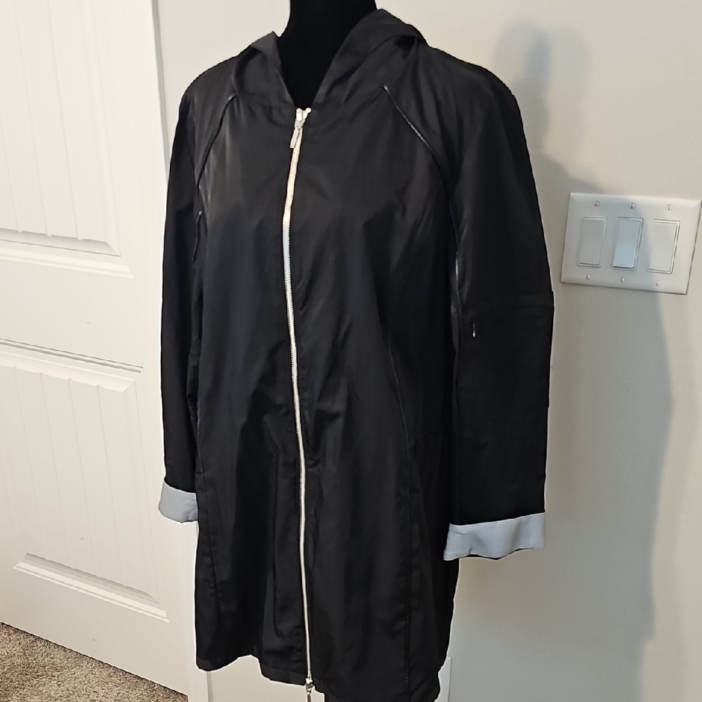 Chico's Black Hooded Zip-Up Raincoat